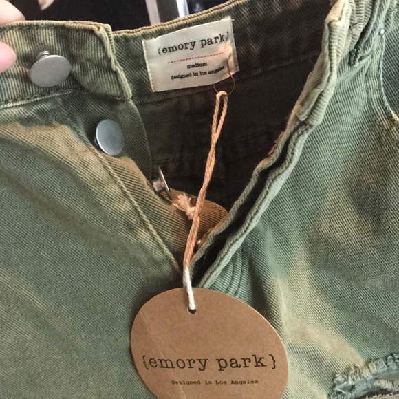 Acacia Washed Olive Green Distressed Denim Shorts - Picture 4 of 6